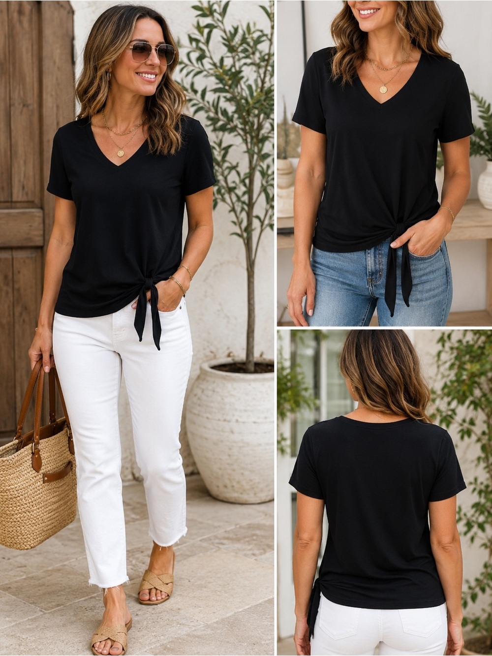 Matty M Black Side Tie V-Neck Blouse | Short Sleeve Stretch Knit Top Capsule